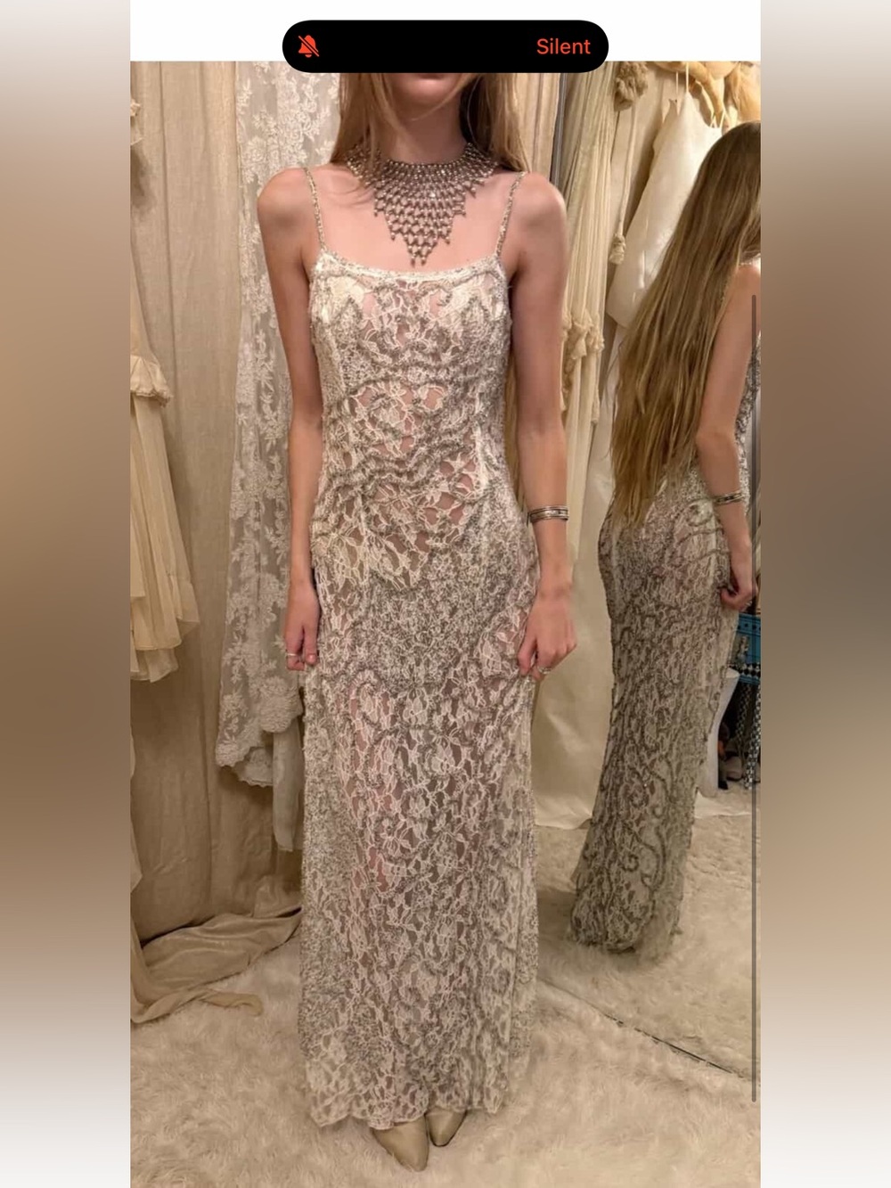 Vintage Designer Wedding Dress Lace Sheer Maxi Slip Dress Beaded